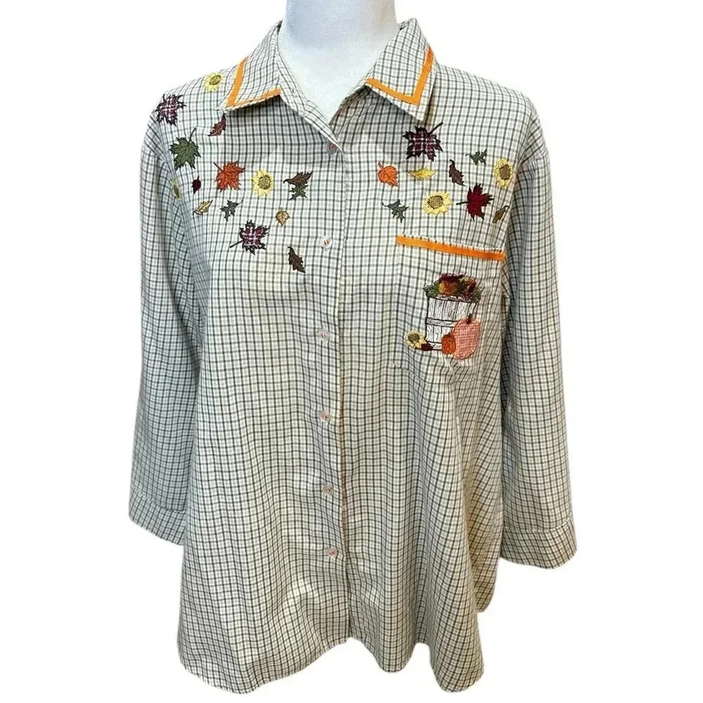 Karen Scott Long Sleeve Gingham Button Up Fall Festive Size XL - Picture 2 of 8